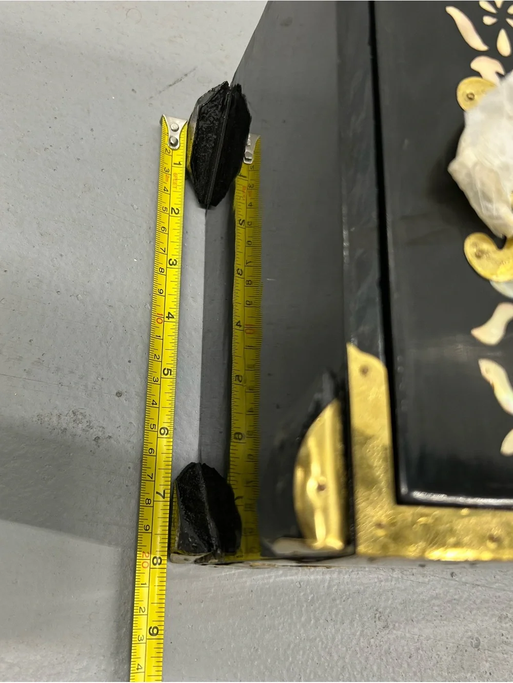 Vintage Chinese Black Lacquer Jewelry Box Cabinet Mother of Pearl Inlay Brass